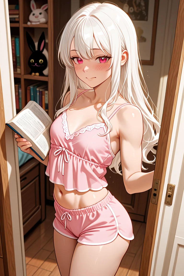 (Best Quality)), ((masterpiece)), (detailed), 1 girl, long blonde hair, defined nose, beautiful eyes, library, pink eyes, small breasts, 18 years, long skirt, big glasses, round lenses, barefoot, small breasts, white t-shirt, thin white skin, shy, barefoot, over size shirt, lying down, embarrassed, ashamed, bed blanca, bed, white lingerie, NSFW, nervous smile, Whole body. shirt, blushing girl, tall girl. pink lips. head on. ((vista head on)) White skirt, discreet smile, bed. pillow.