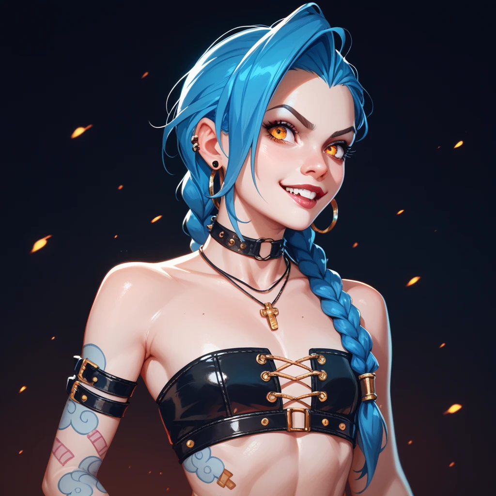one white girl, jinx, jinx from arcane, bust, solo, upper body, purple eyes, long braid, blue hair, choker, nsfw, grey skin, open breasts, naked breasts, exposed breasts, nude, bare shoulders, masterpiece, highly detailed, look at viewer, expressing joy, shiny blured orange background, gradient sprayed background, smile, happy face, naughty grin, camera from the front, gradient red purple background, blured background, big nipples, glowing edges of image