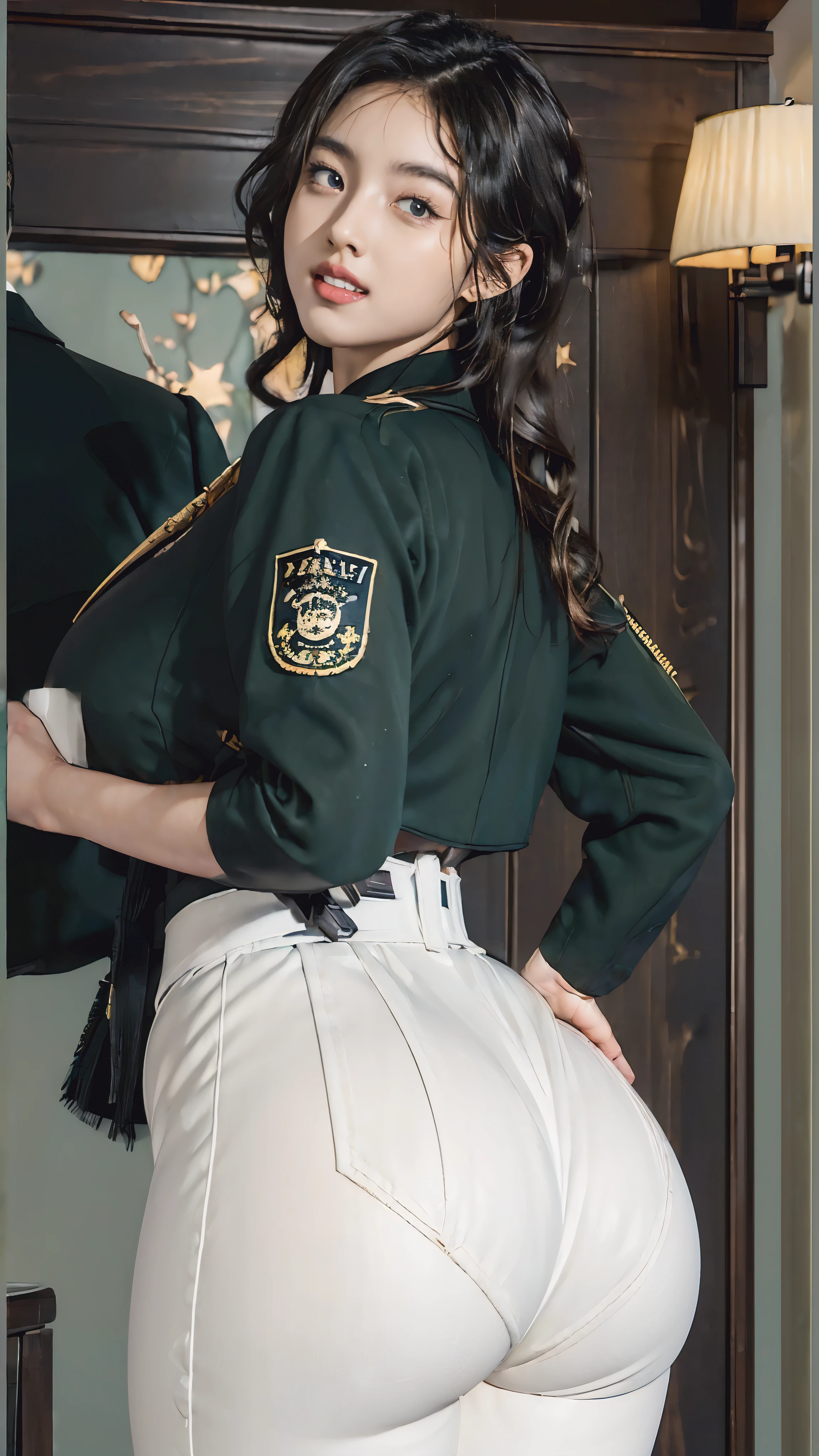 ((cinematic lighting), textured skin, award winning, super detail, anatomically correct, uhd, 1080P, HD, 16K),Usually detailed CG Unity 8K wallpaper，（masterpiece），（best qualtiy），（ultra - detailed），（Ultra photo realsisim），（best character detail：1.36），Nikon d750 f / 1.4 55mm，RAW photo，profesional lighting， physically-based renderingt, 1girll, Female soldier，(dark green military uniform，Fabric texture military uniform,(Long-sleeved suit))，(black necktie)，((white pants:1.15))，Bare legged，Plump legs，Black hair，(military hat)，(((Large wavy curls,curly hair), (Braid)):1.2)，the golden ratio,[:(com rosto detalhado:1.2):0.2]:，pureerosface_v1，thick bushy eyebrows，broad shoulder,(gigantic breasts:1.35),(gigantic ass:1.45),(Plump thighs:1.45),(stick out buttocks:1.5),(Wide crotch:1.55),(I looked up from above:1.25)，((Look from your hips，close-up shot from behind,Close-up Shot Shot))，((A bright smile，confident smile):1.25),((night，Starry Sky):1.35),(On the snowy mountain:1.3)，((Close-up of panties，Buttocks close up，facial closeups))，Sunset sky，Gentle sunshine，sunshine on face，The light shines on the face，Blue sky，setting sun，light glow，White teeth，(Look at me:1.4)，looking at me，((curvy accentuated booty，azur lane style，lit from behind)),(Red flags fluttering:1.2),