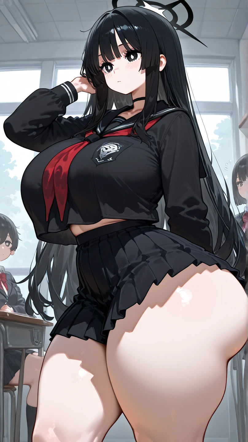 grey background 1girl black hair yellow eyes very long hair pale skin angry (bodybuilder huge breasts muscular toned body curvy wide hips thick thighs) ((school uniform))