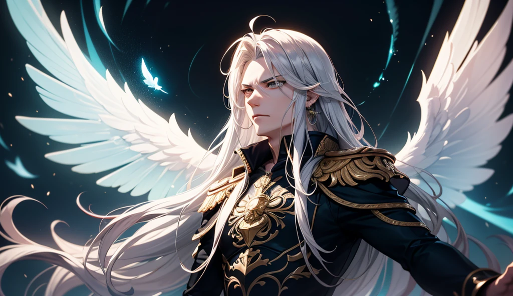 Being angelic male human affections, a vikings, mythology, In the background of the image, a backdrop of heavenly mountains, blue-green clouds, soft colors and with soft lights. The style of the image should be in comics, with strong and striking features, and mythological and angelic touches on the characters, he has an expression of hatred and rancor --auto --s2