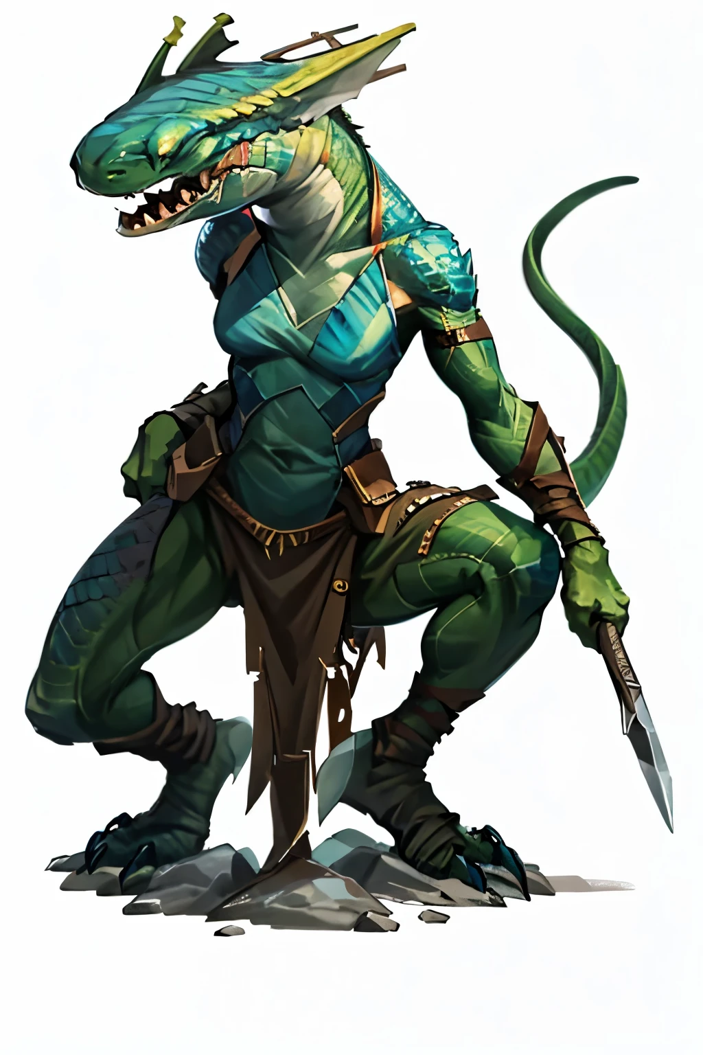 A humanoid lizard-like character with sharp teeth and striped blue scales., crouching, in dynamic pose. The character wears a leather suit and wields a large, arm. His curved yellow blade, large fin-shaped ears and long tail complete his distinctive reptilian appearance.. The character seems ready for action, with a focused and intense expression. The background is pure white , highlighting the character 'detailed design and equipment. role-playing character, Quero um personagem com white background, png, white background, A salamander , fisherman 'clothes, coastal, clothes filled with ornaments, Strings, daily utensils, humanoid, long clothes covering his entire body, loose clothing.