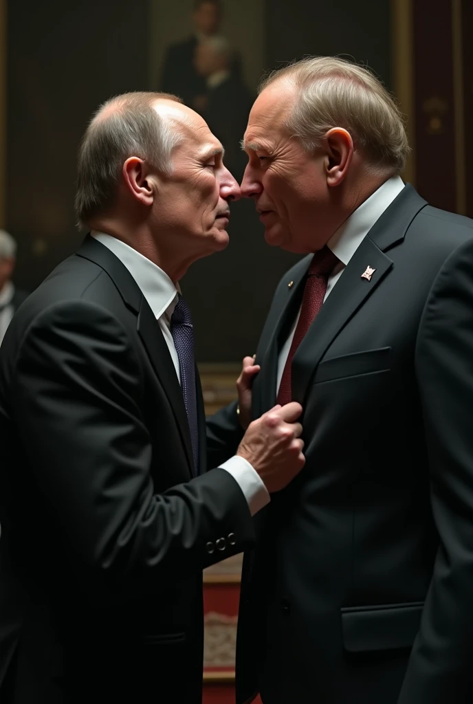 Vladimir Putin kissing Joe Biden while Kim Jong Un in the back watching with a flabbergasted face