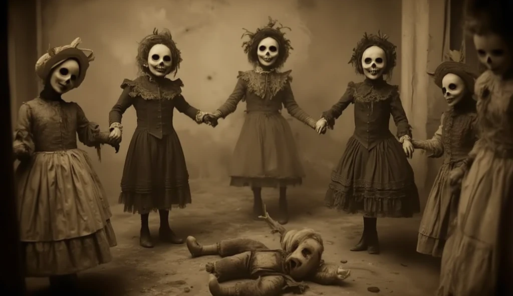 And the lights go out. Creepy dolls and mannequins. Horror. Screamer, sepia, creepypasta, hopelessness, it’s all over. Ashley Wood style, dark scarlet, monochrome, (minimalism: 1), ray tracing details. Style by Stephen Gammell.