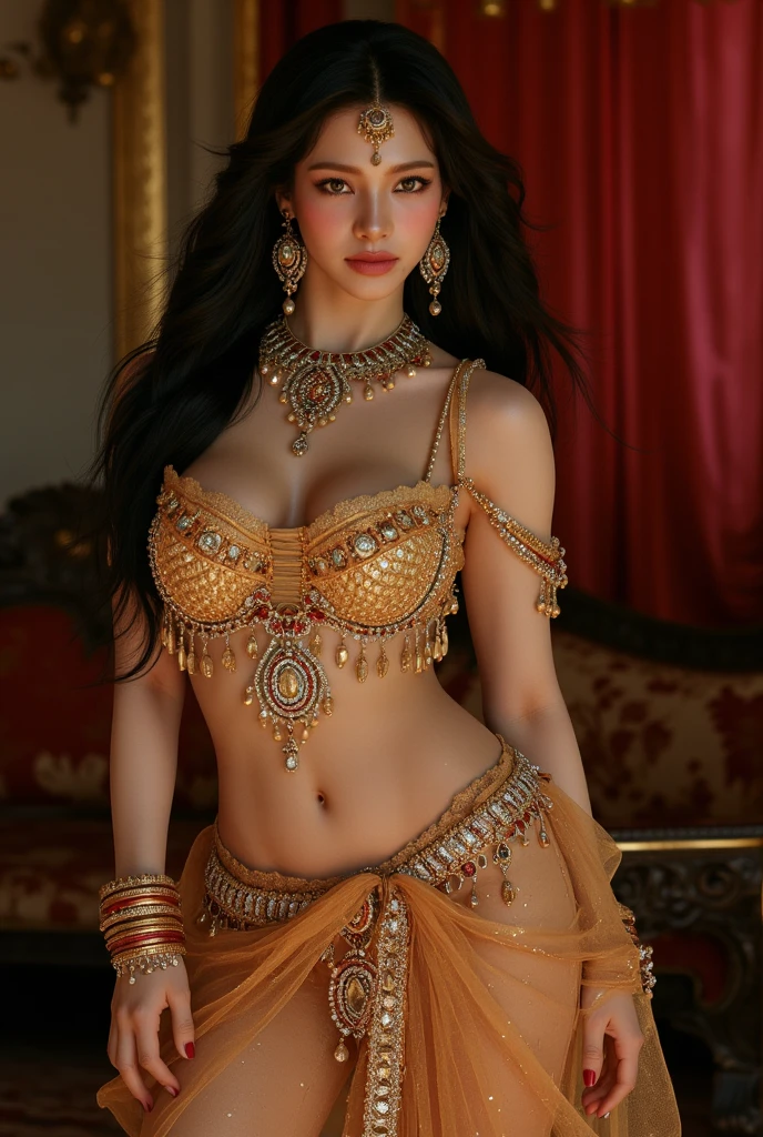 a young Indian girl, wearing a skimpy bikini barely anything, Highly Detailed Facial and Skin Texture, ((indian Skin Skin)) big indian eyes, slim face,big breast, perfect shape, perfect tits, pale skin, black layered hair, flowing hair, A detailed eye, double eyelids, belly dancer, skimpy bikini with strings, extremely enticing and erotic, beautiful hair and makeup with earrings, ornaments, curvy hips, perfect breasts, in erotic pose, deep cleavage, perfect navel, jaw-dropping beauty, goddess vibes , extremely detailed, perfect composition, very detailed, high-quality, 8K, fingers hidden