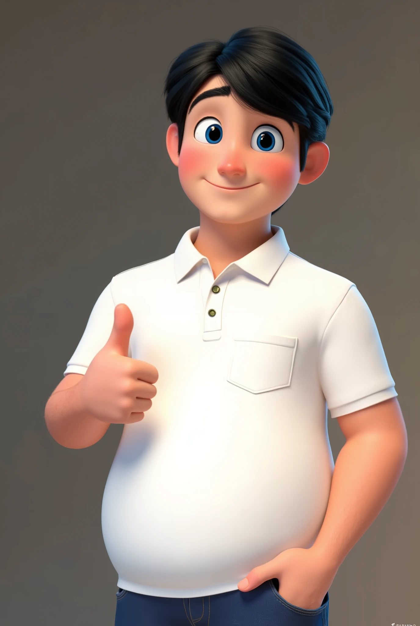 A man of approximately 18 years old, with a half-bust body and a half-full belly, white skin and straight black hair, blue eyes, dressed in a white polo collar with a pocket without details on the chest, making a thumbs up, Pixar style, 8k image