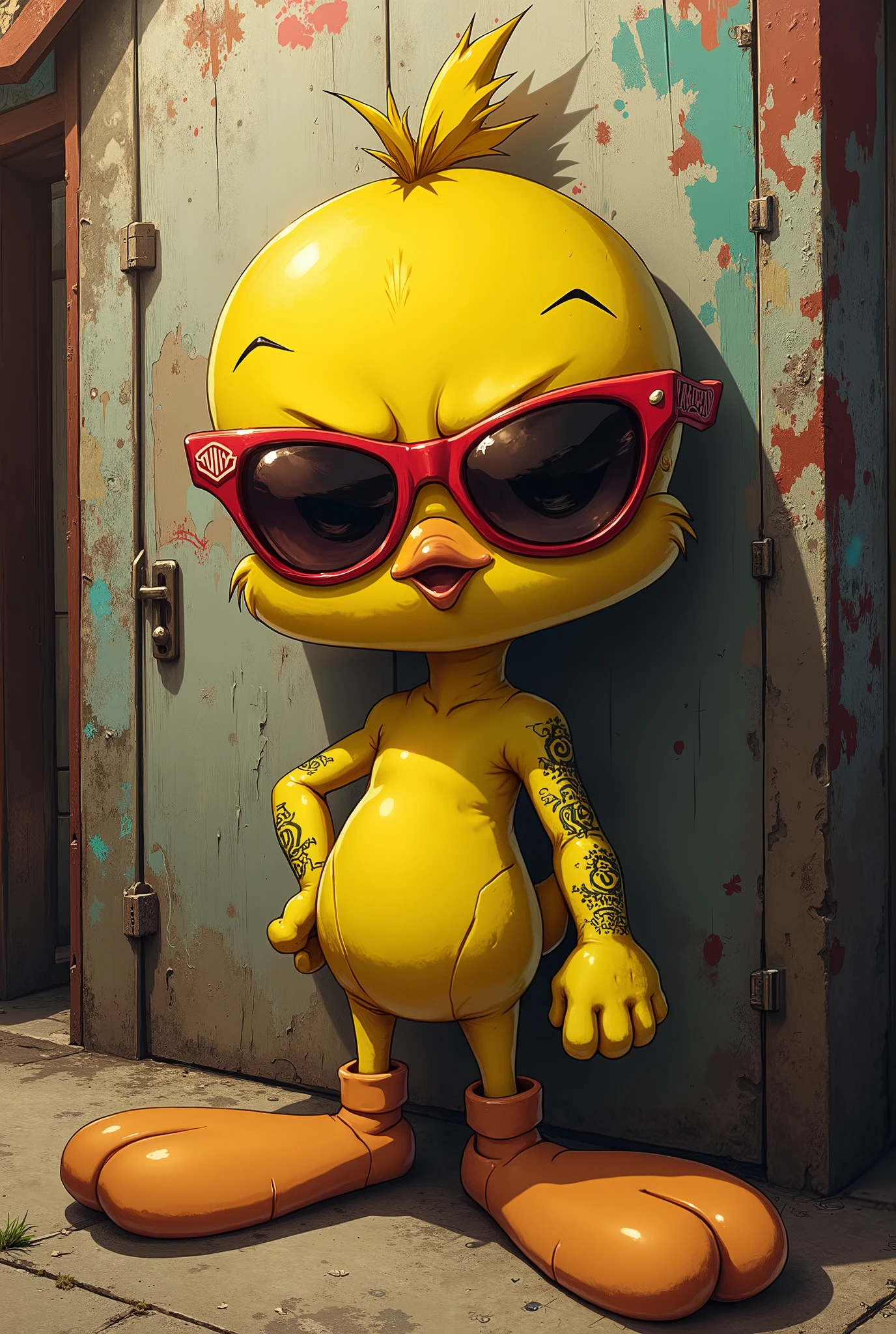 Warner Bros . “Tweety” red sunglasses, less] muscular, with a skater style and tattoo on the arms