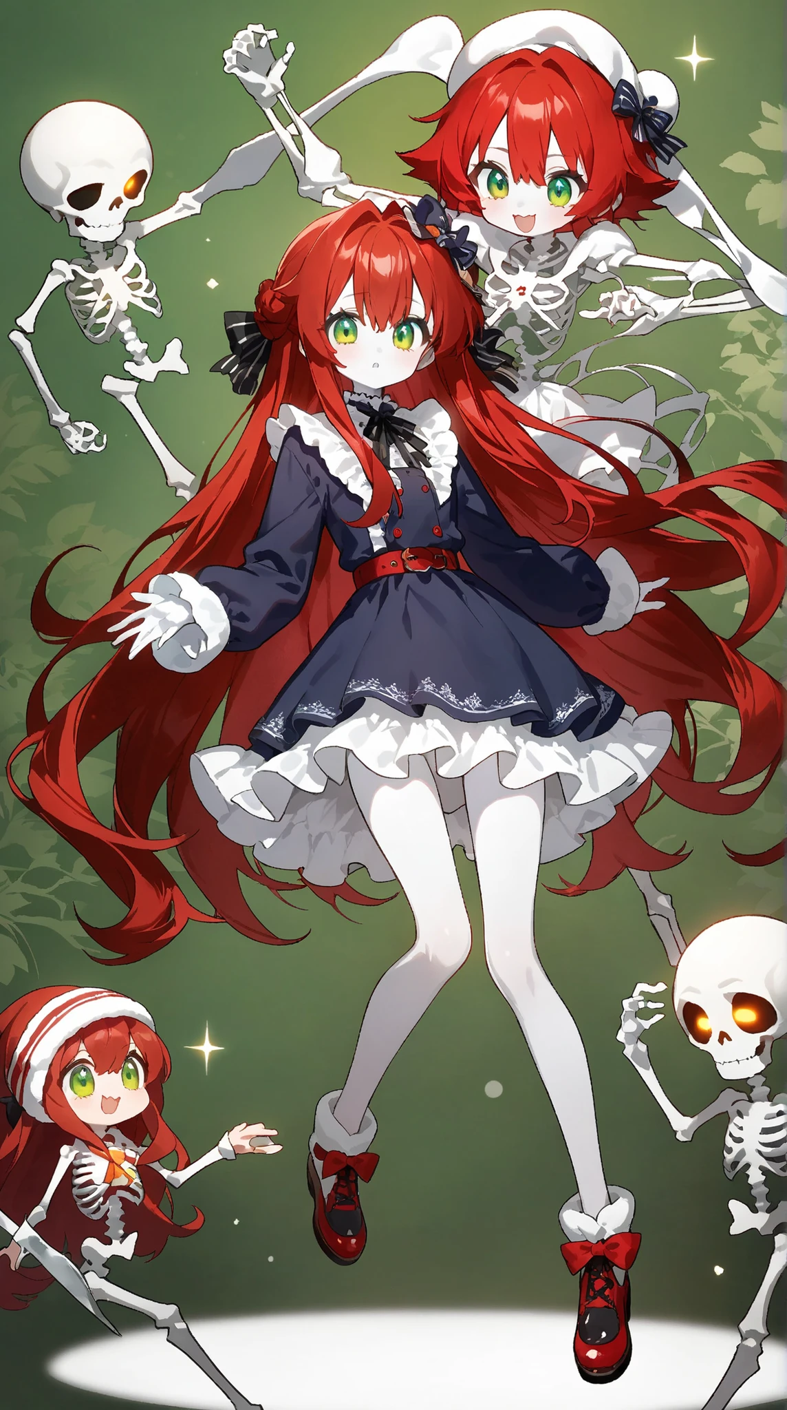 masterpiece、perfect face、Ultra High Quality、top quality、Bearish、、one girl、 Characters、very long hair、leggy hair、anime style、red hair、((red hair:1.5))、green eyes、((green eyes:1.5))、bungs、やみcute、white lace shirt、pure white skin、 Delicate Lace 、Original Character、intricate design、Unique Design、droopy eyes、long eyelashes、is thin、slightly hungry、full bodyの描画、request、Possible Adoption、full body、background、cute、dress、 Long Sleeve、Navy blue outfit、Anime Girl Characters、白いbackground、full body、All Decorations Are White or Silver、Loose Ruffles、 green eyes、Slender hands、Skeleton、 Winter Outfits、Unnaturally Pale Skin、pure white skin、White skin color、 girl、beautiful girl、Sacred、 (((red hair:1.5)))、((green eyes:1.5))、白background。