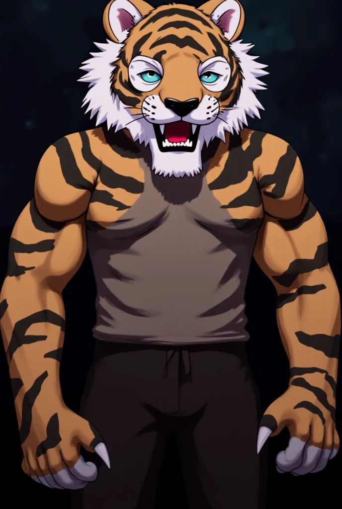 solo,hairy,Male tiger,silver reflective hair,White skin,gray ears,dark green eyes,sharp claws,Very strong body,巨大的hairy尾巴,shirtless,drinking a coffee,no background,facial expression,Acting cute