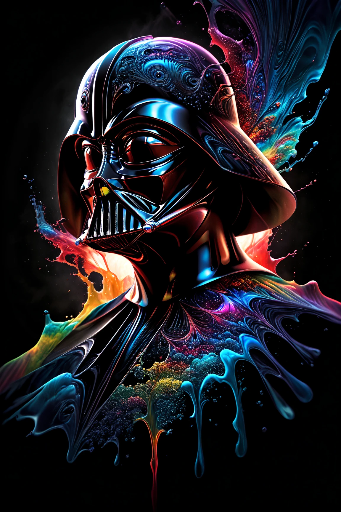 a colorful painting of darth vader on a black background, rainbow fusion color scheme, death star, avatar image, molten face, transparent background, life art, a colorful retouching, stunning rendering, life and life, Melting face
