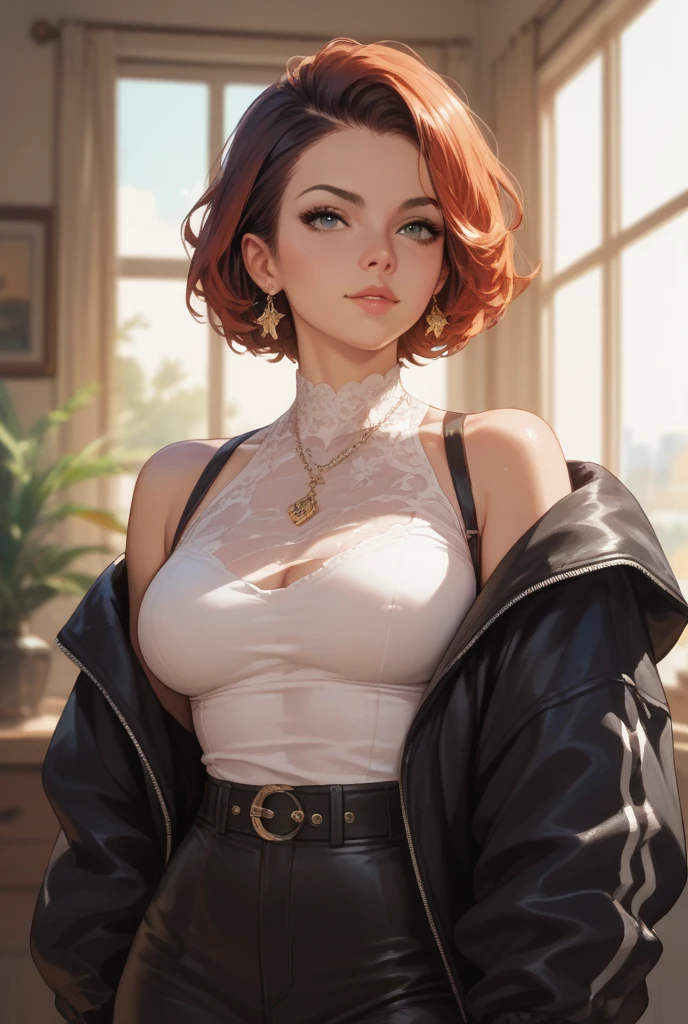 1 beautiful woman, 20 years old, pale white skin (very detailed and delicate skin), bright blue eyes (vampire eyes) (very detailed and expressive eyes), red hair, short hair, perfect body, perfect abdomen, perfectly round butt, makeup, red lips, delicate earrings, delicate necklace, choker, hair band, look at boy, ((black cardigan)), very tight short skirt, sexy pose, in a room with a city view (masterpiece), (8K), (cinematic lighting, (photorealistic), (minute details), cunbelow,1boy, head between thighs, naked pussy, line pussy, sex