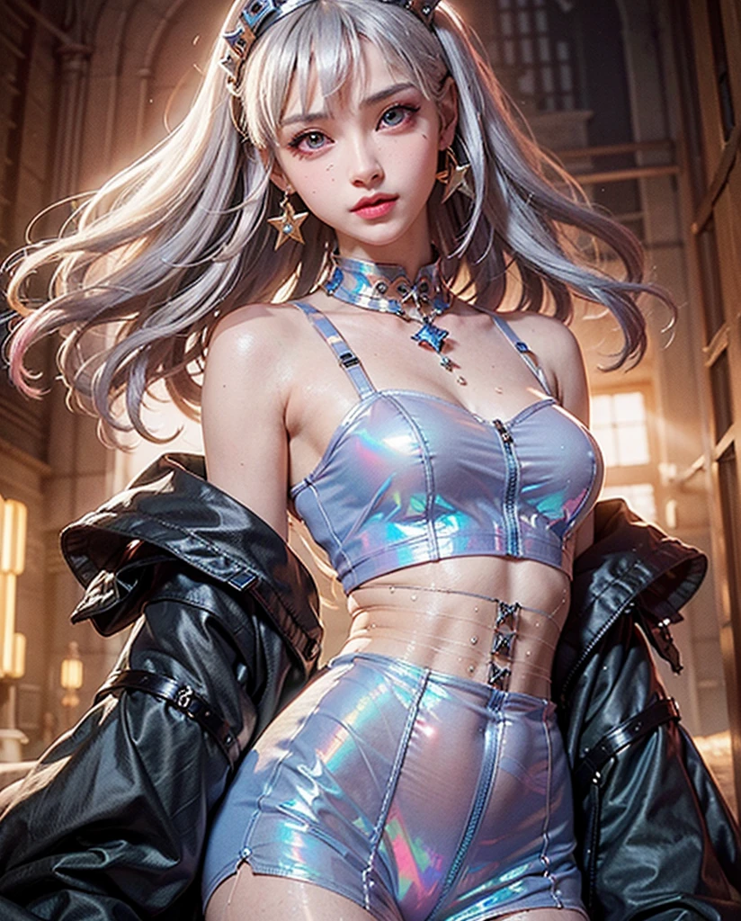 There is a woman dressed in silver posing for a photo, 2 b, 2b, chrome outfit, an oppai cyberpunk, cyber punk setting, Cyberpunk costumes, Ayaka cosplay, iridescent sci-fi kimono, cyber punk style, cyberpunk angry gorgeous goddess, Anime girl cosplay, cyberpunk style outfit, cyberpunk photo, dreamy cyberpunk girl, cyber universe style,Side Body,looking toward the viewer