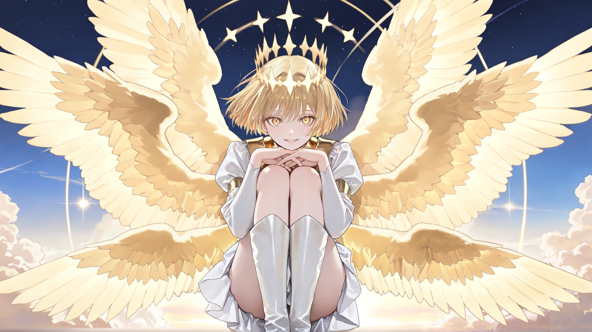 (((1girl))), ((best quality)), ((masterpiece)), ((ultra-detailed)), (illustration), (detailed light), (an extremely delicate and beautiful), (beautiful detailed eyes), (sunlight), ((extremely light)), 

((((angelic clothes and robe)))),
school girl,

wavy short manish bob, (((yellow gold hair))), (((short hair))), 
(((deep red eyes))), 

(((angelic clothes))), (((((angel wings))))), (((angel halo))),

((whole body)), aged 14 to 17, 
diamond, beautiful, ((extra elegant)), (((condescending expression))), (sexually mischievous smile),  (((extra adorable))), (((extra slender shape))), 

(((((sitting on the sofa on her knees))))), 

((((exposed white and pearl whity gold panties)))), (((extraordinarily thin thighs)))