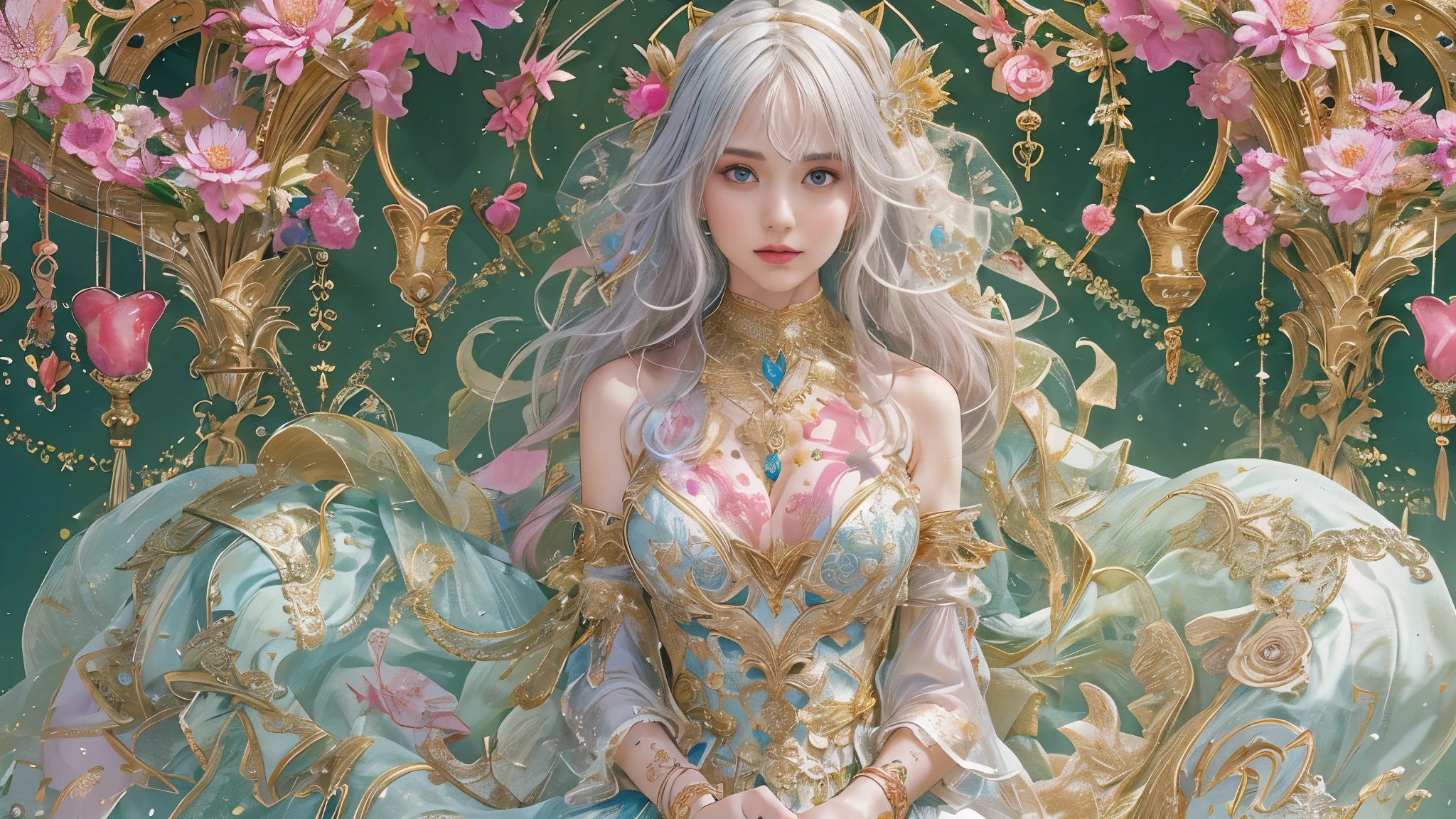 (Beauty side face,Long colored hair,closing her eyes,Masterpiece Narcissus),with rainbow colored background, (illustration:1.2,paper art:1.2, zentangle, a 3D render),(Best quality, Detailed details, Masterpiece, offcial art, movie light effect, 4K, Chiaroscuro),Hologram:1.5,Gold engraving:1.5,winter,Rose roses,Peach blossoms,Peonies,Tulip tuli,