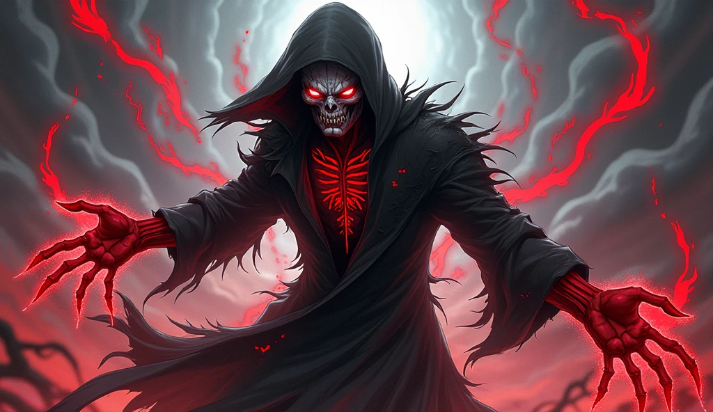 male warlock dnd, undead body, wearing a bloodstained white hood cloak with a blood