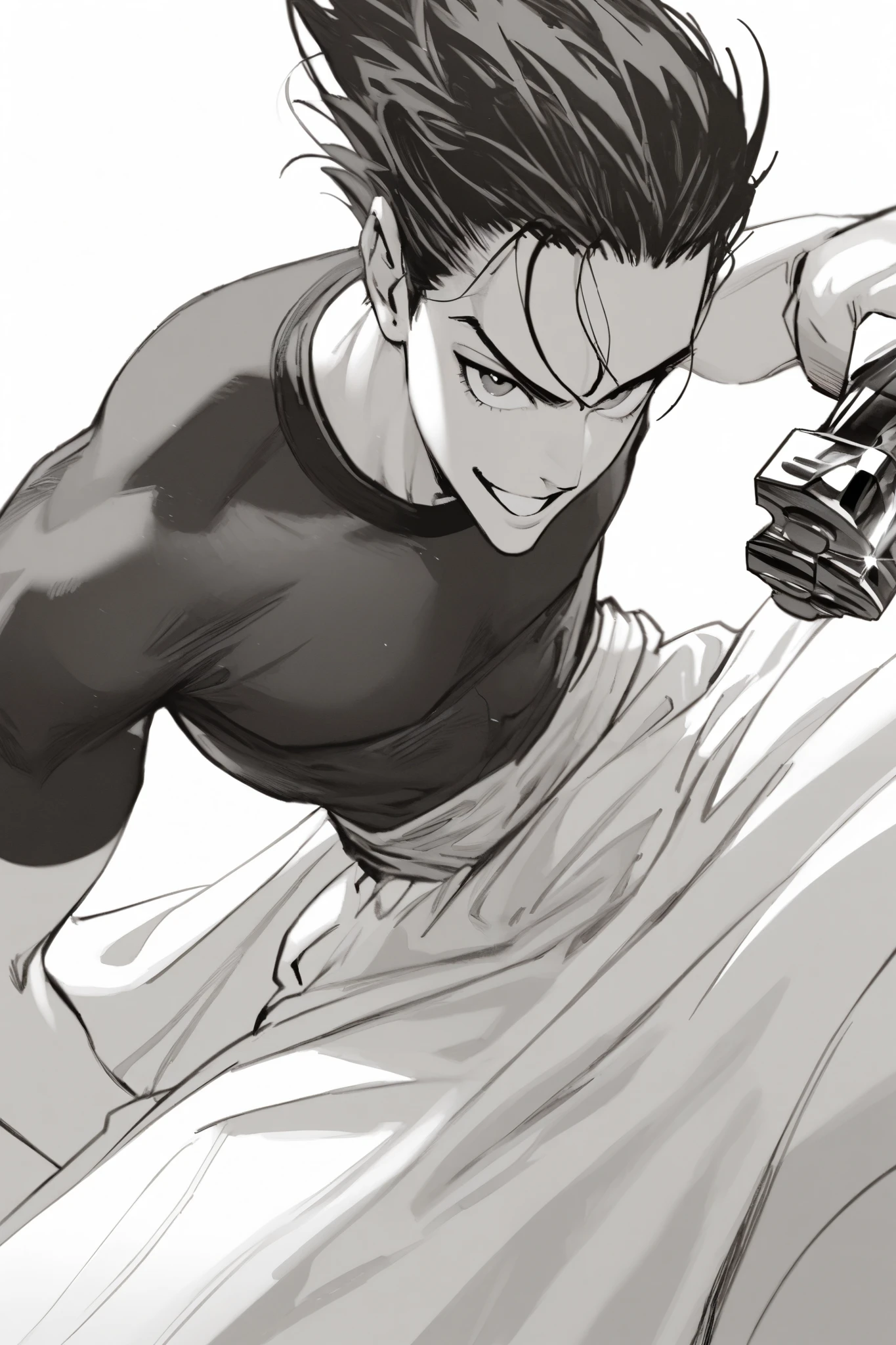 Oc, messy black hair, slicked back hair, black compression shirt, mesomorph body type, skinny, baggy harem pants , white pants, 1boy, solo, alone, yusuke_murata_style, masterpiece, highres, monochrome, greyscale, striking flashy pose, brass knuckles, maniacal grin
