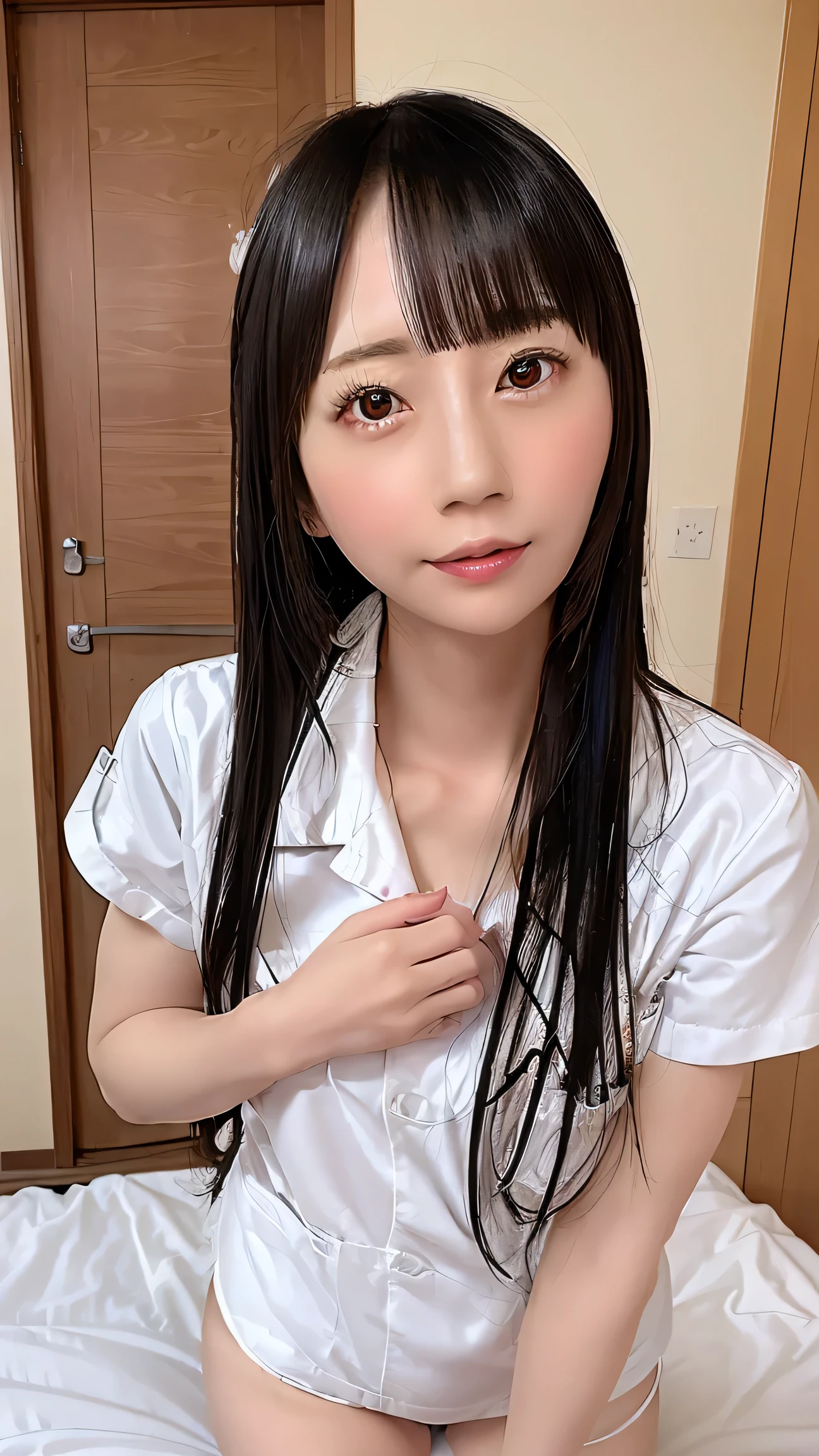 1 female, high resolution, masterpiece, 最high quality, high quality, high detail, summer white very detailed, textured skin, Ultra High Precision,  slightly derisive expression、Japanese woman turning her butt k、Aperture F2.8, door  ,, Portrait Photography,  20th generation,     black hair, anatomically accurate in close contact with a man,、 photo quality ,、long hair、fair、 nurse clothes、 Nurse、standing by the bed、I have it as if I were holding a medical record
