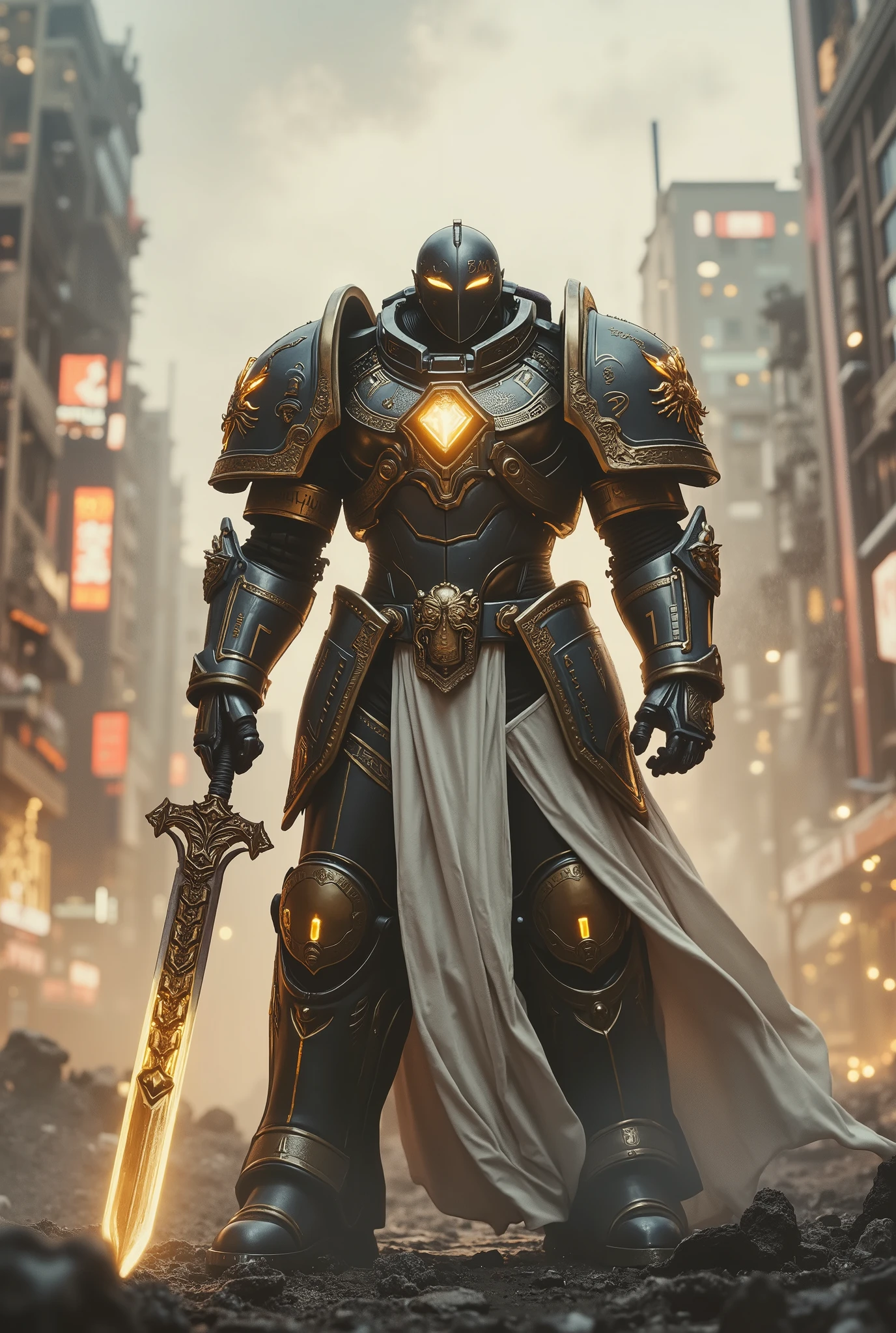 Ultra detail, hyper-detailed illustrator art, 4k sharpeness masterpiece religious nouveau style art, Epic herotic fresco. The hyper detail, armed supperhero, the astartes Spiderman with metallic, Strengthen Warhammer 40k space marine inspired power armor, the white cloak, the face mask, SPIDER emblem on chest, detail decoration chain sword. standing on the street in chaos dystopian city background at dawn. His helmet is marked with runes, chain sword hangs on hand, glowing faintly with enchanted, golden runes. detail background, straight on angle shot, Full body shot, closed-up, ultra-realistic 32k resolution, official art styled digital painting, intricate armor engravings catching realistic lighting, film grain texture overlay, reversal film effect, high quality, detailed realistic background with scattered futuristic debris, shadowed craters, misty atmosphere, cinematic.