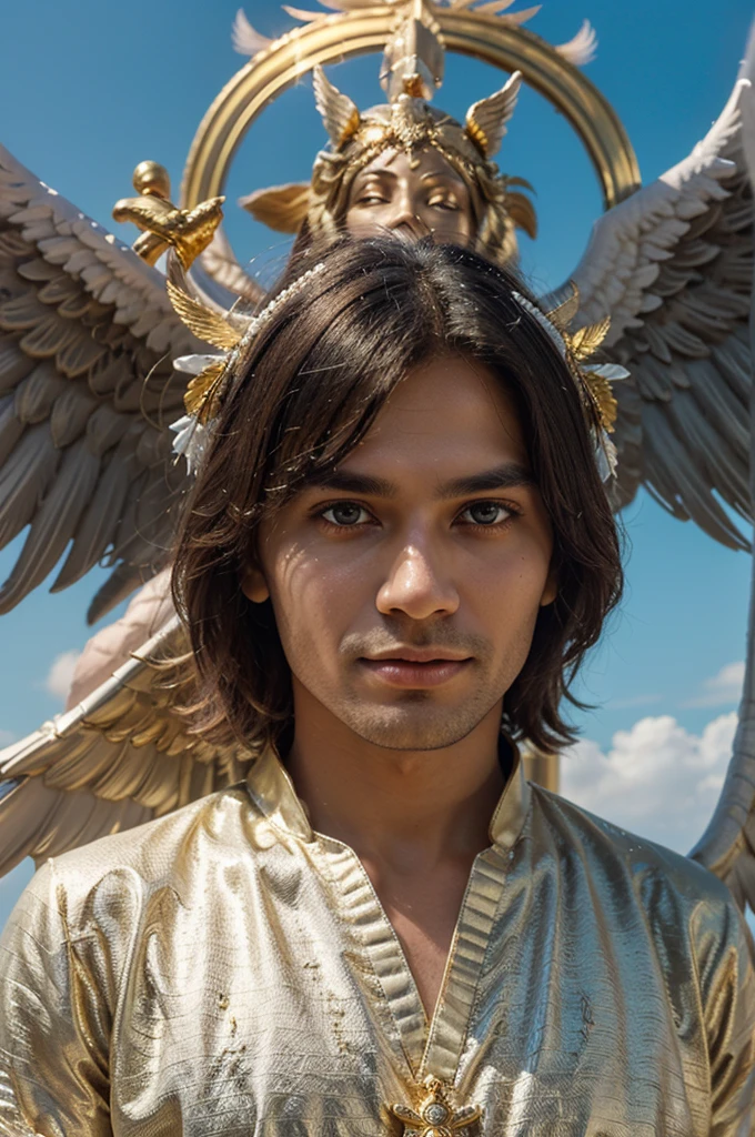 Anjo, masculine-looking, olhos flamejantes, three pairs of white wings, (((dark-skinned)))