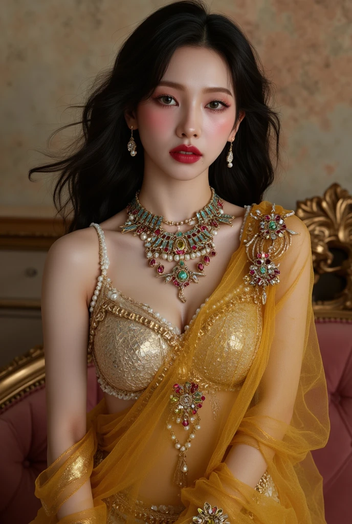 Masterpiece, extremely beautiful girl, hair shimmering under the bright sunlight, detailed face, focus close to the face, light pink lip gloss, thin silk shirt embroidered with diverse and colorful patterns , wearing gold, silver and emerald jewelry, ultra-thin white silk underwear, close-up photo of the girl's entire body;
Non-NSFW, 8K, super CG, HD image quality, super sharp, super beautiful graphics, professional, detailed, vibrant colors, super smooth, advanced techniques, true RAW, resolution High.
The light is intricately colored, using black and gold rays;
The sunlight sparkled, illuminating the girl's body, making her hair shine;
The background has beautiful flowers and leaves, elegant and pure;
colorful, visually appealing film art;