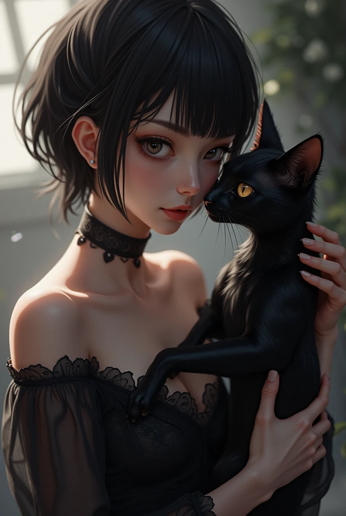 (High quality，detail-rich，Ultra-realistic 1.2)cyber punk style，Cat-eared lady，Dress normally，Delicate to the point of incredible face，devils，Crawl on the grass，He wears a bell around his neck，