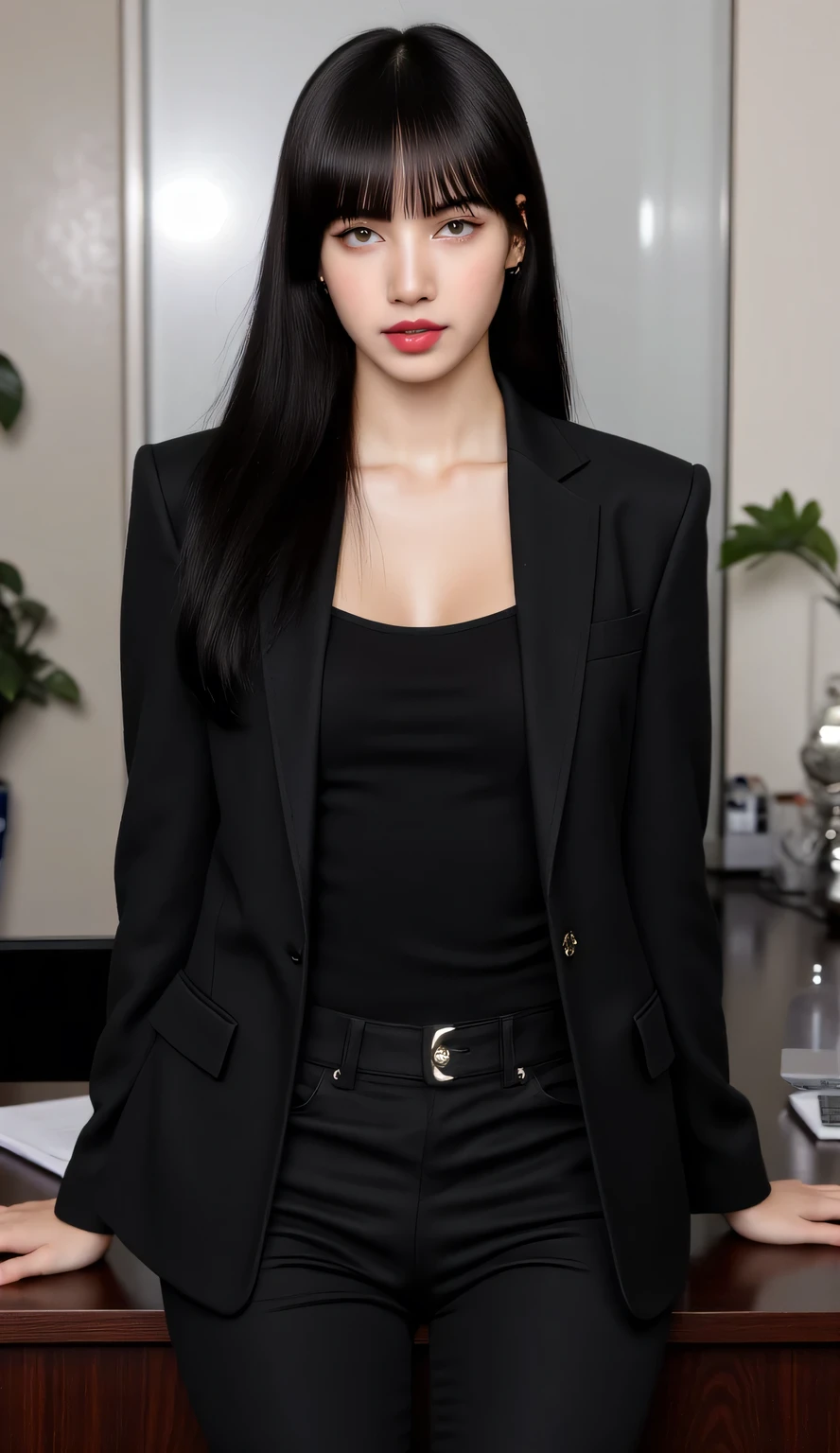 a woman, sitting on an office desk , visible whole body facing front, wear a black open formal blazer with a black formal shirt, black formal trousers, big boobs, red lips, seductive face, black hair