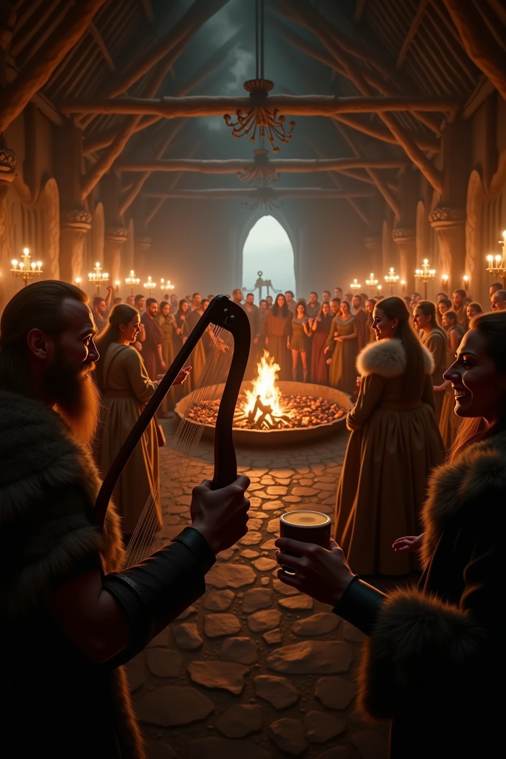 Viking celebrating with his people and family, winter, 