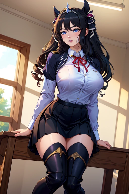 Black hair, twin tails, wavy hair、Girl、Glasses、Huge breasts、glamorous、Thick thighs、Formal Shirt、Purple short tie、(Lift up the black pleated skirt:2.0、Purple low rise panties:1.5、Camel toe:1.5、Absolute area、Black knee-high socks and garter belt)、Church stained glass、Shooting from below、looking at the camera、Close up on crotch:1.5