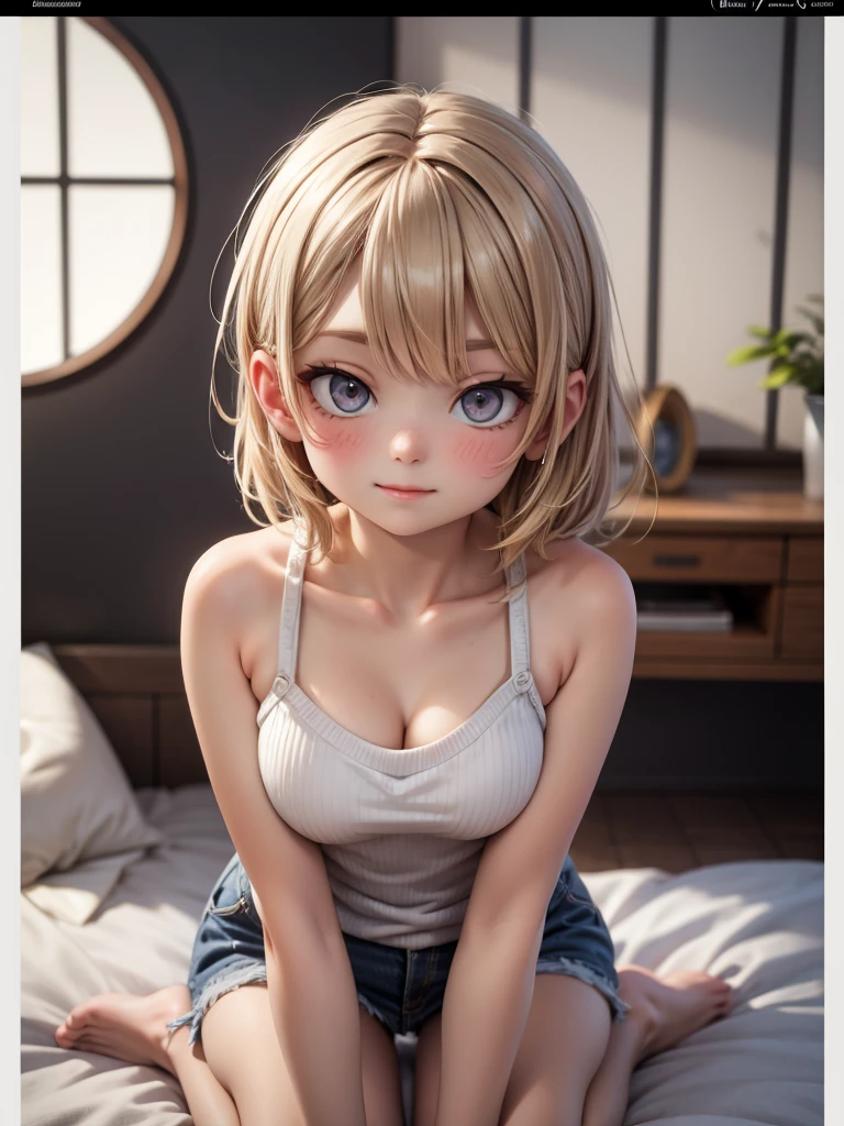 blonde, short hair, girl1, in the Living room, sofa, upper body, completely nude, (small nipples:1.2), (small areolas:1.2), kawaii, cute, pale purple eyes,