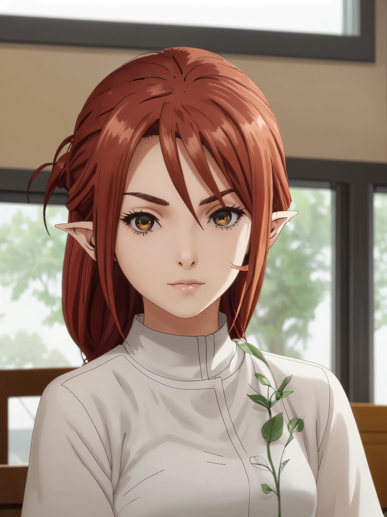 Mawar Kusa Dala is a -yeld fee with a height of 168 cm, embodying a mix of Indonesian and Japanese heritage, highlighted by her distinctive elf-like ears. Her olive-toned skin (Fitzpatrick Type 3) complements her striking red hair and amber eyes, which feature double eyelids and an upturned, proportional shape. Her face is a harmonious blend of Hirona Yamazaki’s Japanese elegance and Anya Geraldine’s Indonesian charm, with a concave nasal bridge, pointed tip, and medium-width nose. Her arched, medium-sized eyebrows and medium-sized, Cupid’s bow lips with a slight downturn add to her unique beauty. Mawar’s expression is a subtle, elegant smile, reflecting her tsundere personality—outwardly stern but inwardly gentle. Her hairstyle is inspired by Kawasegawa Eiko, styled in a traditional yet refined manner. She wears a simple yet graceful red Indonesian traditional outfit, perfectly suited for the medieval era. The setting is a traditional wooden classroom with open windows offering a serene view of rolling hills, bathed in soft, natural morning light. The focus is on her upper body, from head to waist, with her amber eyes gazing directly at the viewer. The mood is serious with a hint of a frown, capturing the authenticity of her cultural background. The scene avoids any modern or anachronistic elements, ensuring a pure medieval atmosphere.