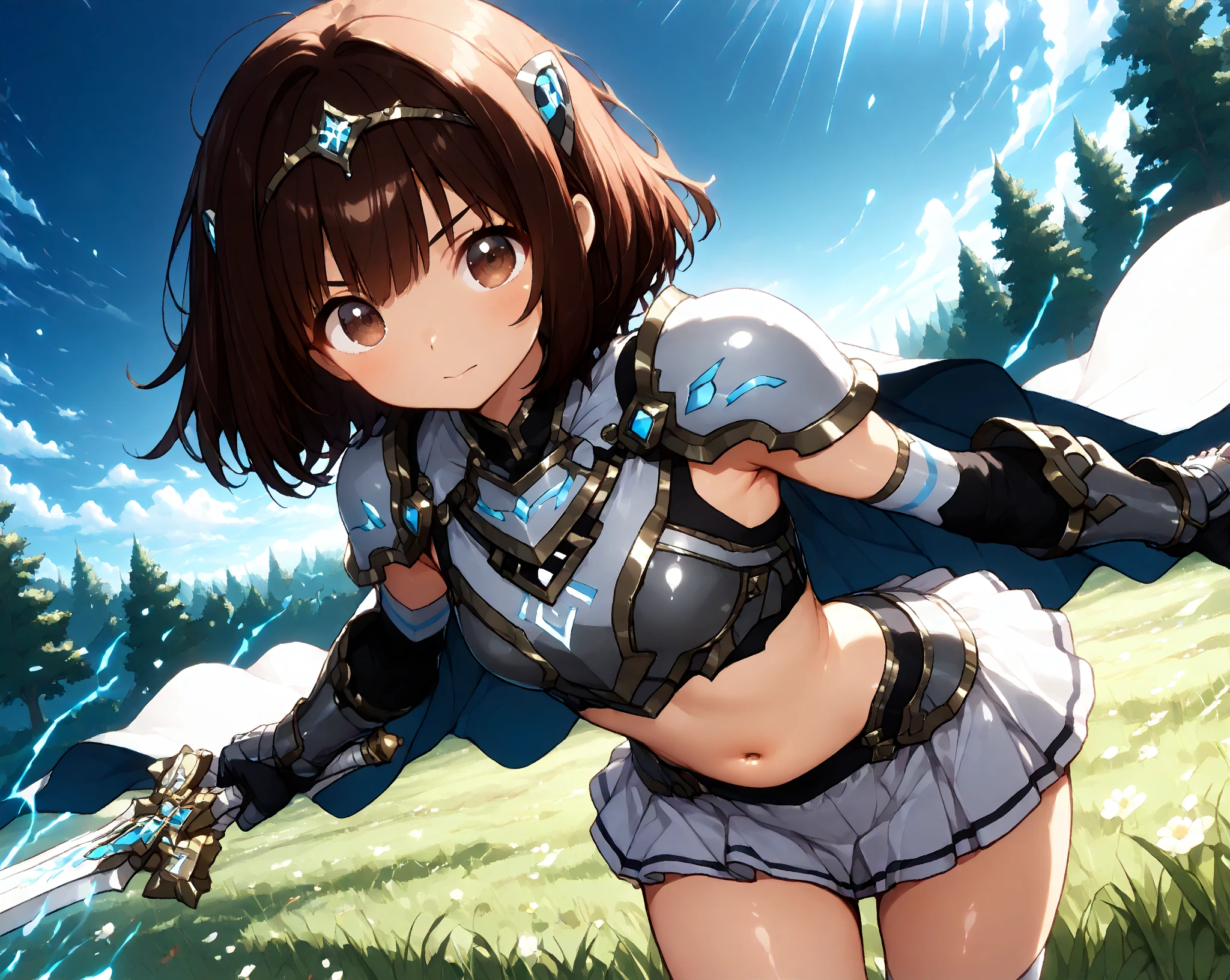 (masterpiece:1.2) , (best quality:1.2) , (ultra-detailed:1.2), 2.5D,extremely detailed,anime,girl,dark brown hair,Medium hair,BREAK,blue eyes,BREAK,bikini armor,smile,action,SWORD