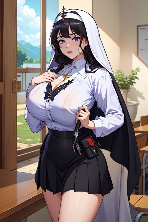 (extremely detailed fine touch:1.2), (natural light, sun light, light rays, dappled light,ray tracing:1.2), mature female, , hourglass body , Masterpiece, best quality, highly detailed , , MTkym-KJ , neck cover, black dress, black veil, necklace, nun, habit , long sleeves , (dress lift:1.4) , (from below:1.4) , (church background:1.2) , looking at viewer, white panties , white thighhighs, garter straps , (thighs:1.2) , thick thighs , (2boys:1.4) , photorealistic, octane render, best quality, looking at viewer, looking down, sharp focus, (8k), (4k), (Masterpiece), (Best Quality), (realistic skin texture), extremely detailed, intricate, hyper detailed, , illustration, soft lighting, , high resolution, sharp detail, blush <lora:kasumisenv1:1> kkasumisenm
