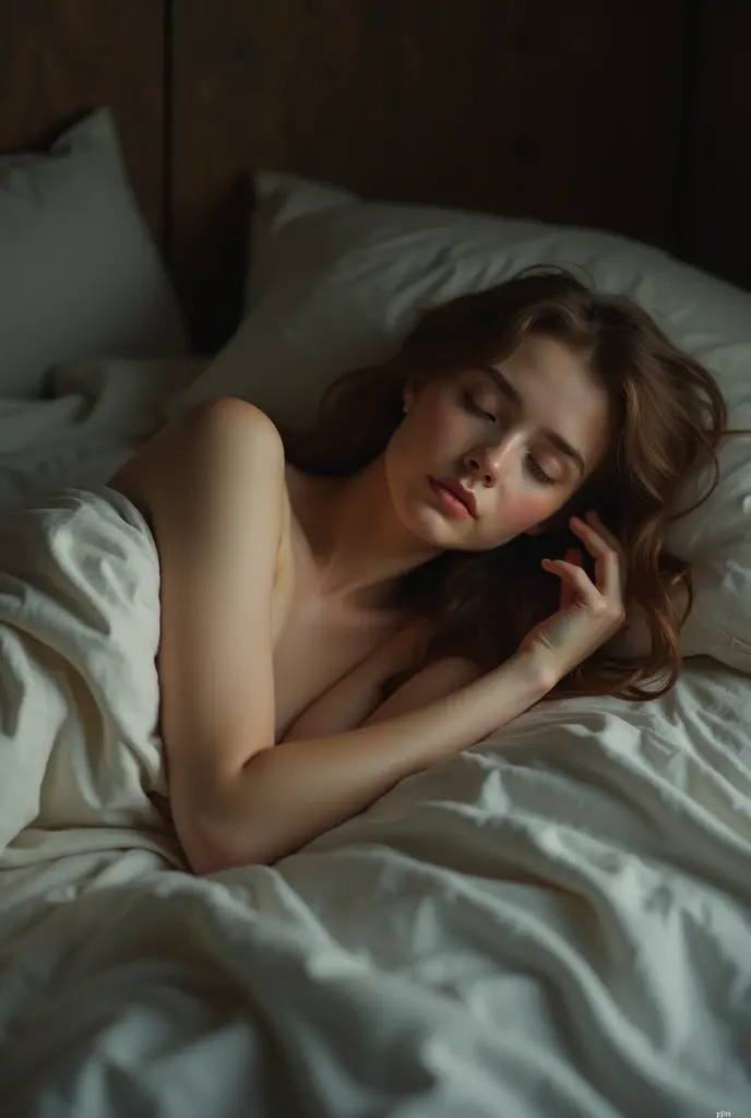 Girl lying on bed，12 ans，Realstic，(((naked)))，Montrant par inadvertance le nombril，cheveux bruns。