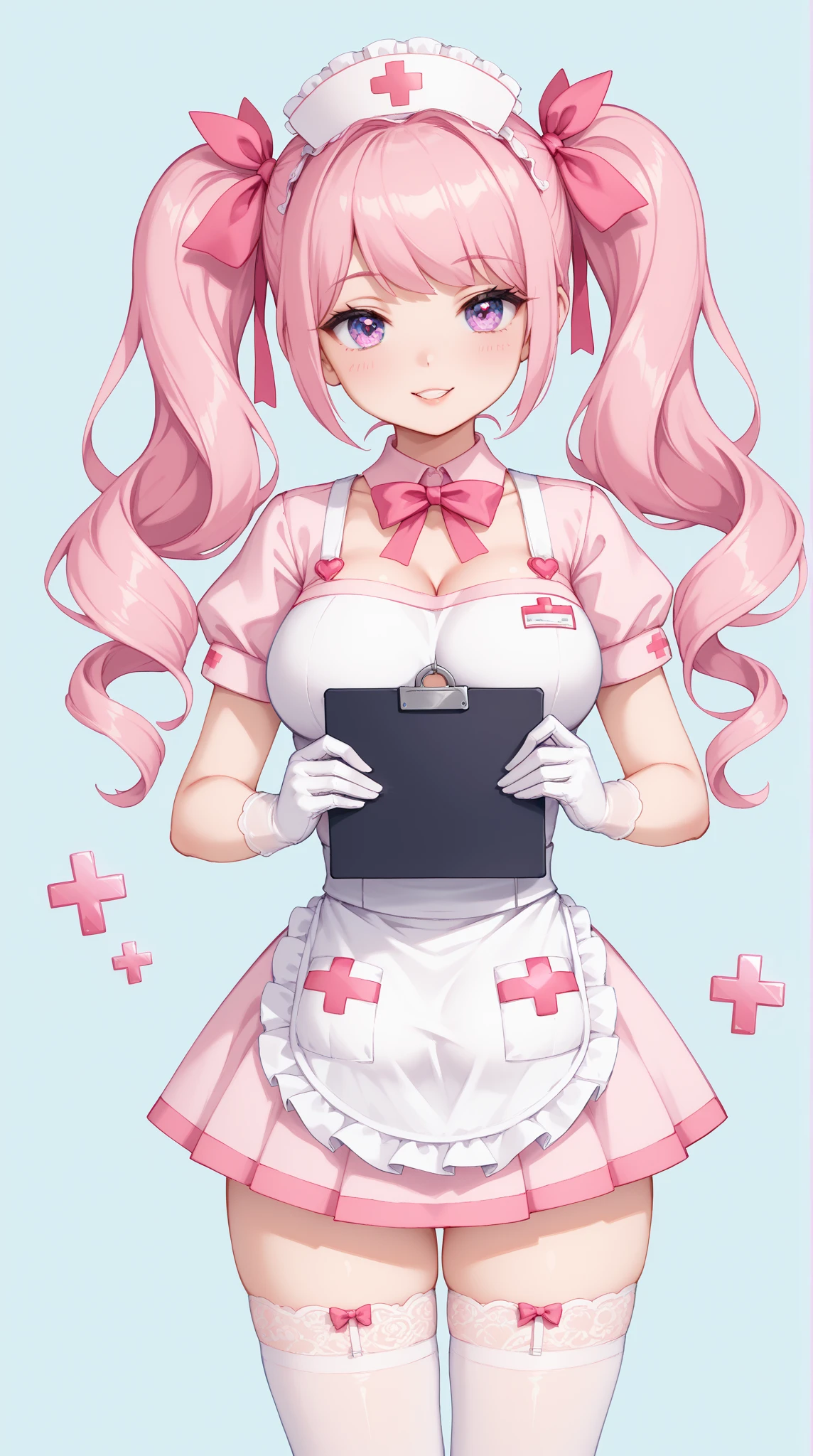 ((masterpiece、Highest quality、Super detailed)、((One girl))、((Pink Hair))、((Twin tails))、((Light blue eyes))、evil smile、((lots of piercings))、((Very large breasts))、Nurse cap、((nurse))、Short sleeve、((pencilskirt))、White gloves、Cowboy Shot、Hands on hips、Hospital room background