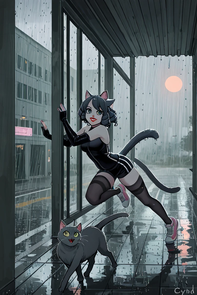 full body portrait of a photo realistic beautiful girl, 1 girl, facing forward, waifu, flowing hair, short modern rain protection clothing with an umbrella, big beautiful flirtateous open eyes, standing straight, cinematic lighting, relaxing raining weather environment setting, highly detailed, digital painting, trending on artstation, pixiv, concept art, sharp focus, illustration, art by ross tran and wlop, Glowing eyes, Best quality, good lighting, large breasts with cleavage, seductive face, Masterpiece, highres,sharp focus,(ultra detailed,extremely detailed),(photorealistic artwork:1.37),(extremely detailed CG unity 8k wallpaper),(((vibrant colors,vibrant theme))),(intricate),(masterpiece),(best quality), girl is playing with a cute small dog under the umbrella