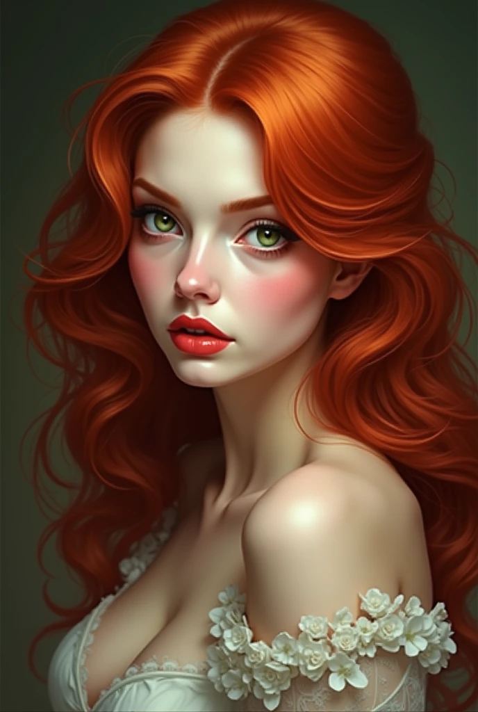 (masterpiece),(highly detailed)beautiful woman with beautiful lips,thick eyebrows,red left eye,right eye blue,red hair,wearing a bra