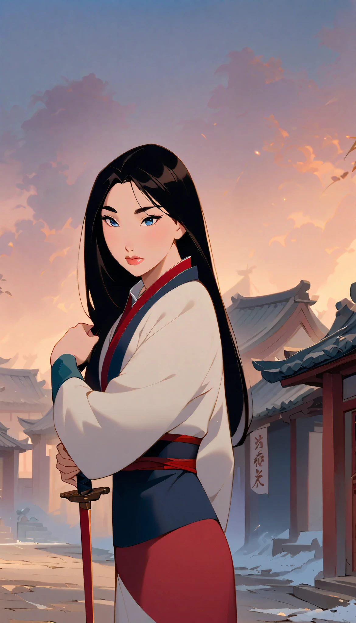 Hua Mulan,Show female shy,19 years old, like a porcelain doll, fine features, delicate,Black and red color scheme,poster,iconic disney characters。shonen style, anime style, straight hair, big hair, ((long hair)) ,japanese young woman warrior, black hair, traditional japanese dress, wind blow, winter, ((raining on winter)), bottom perspective, panoramic view, fantastic lighting, detailed, with an sword, ((perfect eyes)), ((really shy)), woman body, kunoichi, dutch angle, shinobi village, konohagakure, ((closed mouth)),((perfect lips))