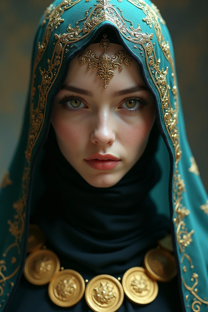 (solo, full body photo:1.3), (action packed:1.3), (haze, fog, mist:1.3), chiaroscuro, best quality, photorealistic, 1woman, (cute), (34yo:1.2), long hijab highly detailed, 1700'S, digital photography, art by artgerm and ruan jia and greg rutkowski surreal painting gold butterfly filigree, broken glass, (masterpiece, sidelighting, finely detailed Fashionable eyes: 1.2) (perfect oval large eyes that gazes at the viewer), beautiful detailed face, blue gorgeous perfect eyes, (attractive young woman:1.3), (seductive:1.1), (blushing:1.1)