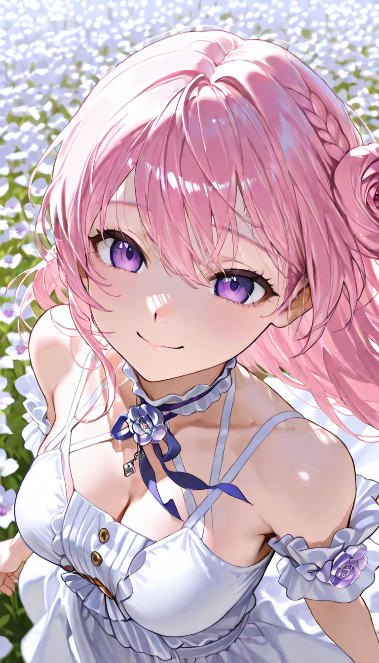 8k, Real Skin Texture, The best light, best shadow, high resolution, ((top quality)) , (masterpiece)、masterpiece、Ultra-precision painting、uncorrected、top quality, SO BEAUTIFUL, anime painting、High Definition , ultra detail、Ultra HD、depth of field, pink long hair 、(corsage to hair )、purple eyes、white dress、medium breasts , pink色で長い髪のWoman walking through a field of flowers, Hair swaying in the wind、Flowing hair、outdoor、 Wide flower field、Woman walking through a field of flowers、(from above , angle from above、smile , face focus , upper body)