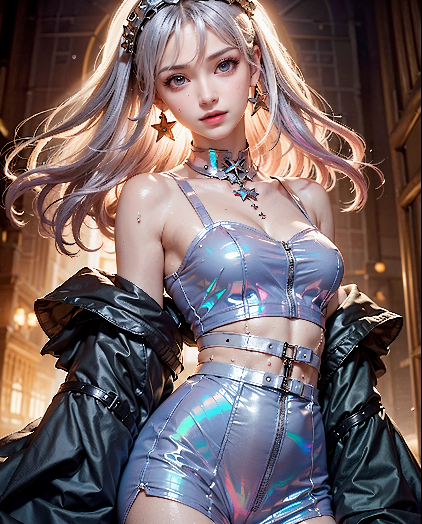1 girl, anime style, kneeling, hivering, feeling cold, shivering, transparent suspender stockings, leg straps, short skirt, (long white hair), blue eyes, rain-soaked top, rainy day, heartache expression --auto