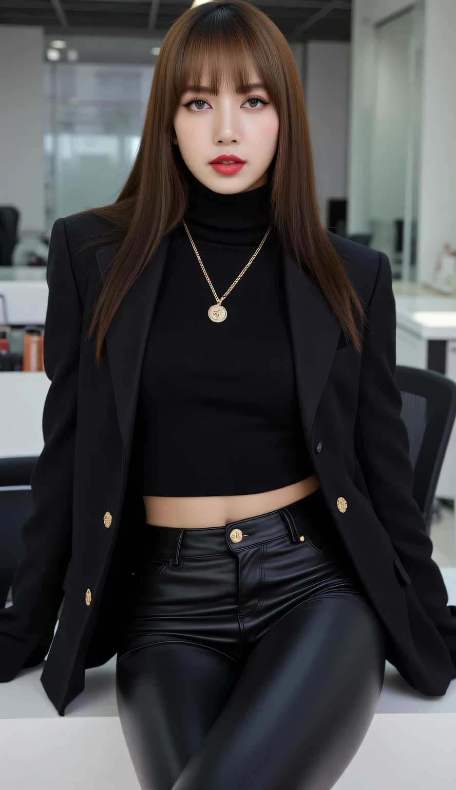 an office lady, sitting on an office desk , facing the camera, seductive face, big boobs, red lips, wear a black open formal suit with a black turtle neck t-shirt, black long latex pants