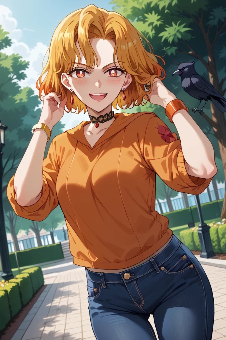 ( masterpiece, envelopes, very aesthetic, ultra Detailed ), interesting details , 4k, sailor_GalaxiaXL1 , red pupils, blond hair ,jeweler's, orange sweater, bracelet, choker,crow, friendly smile, park background, LOOKING AT The viewer, blue jeans, windy hair, hand on hair, open mouth, blushed face, dutch angle