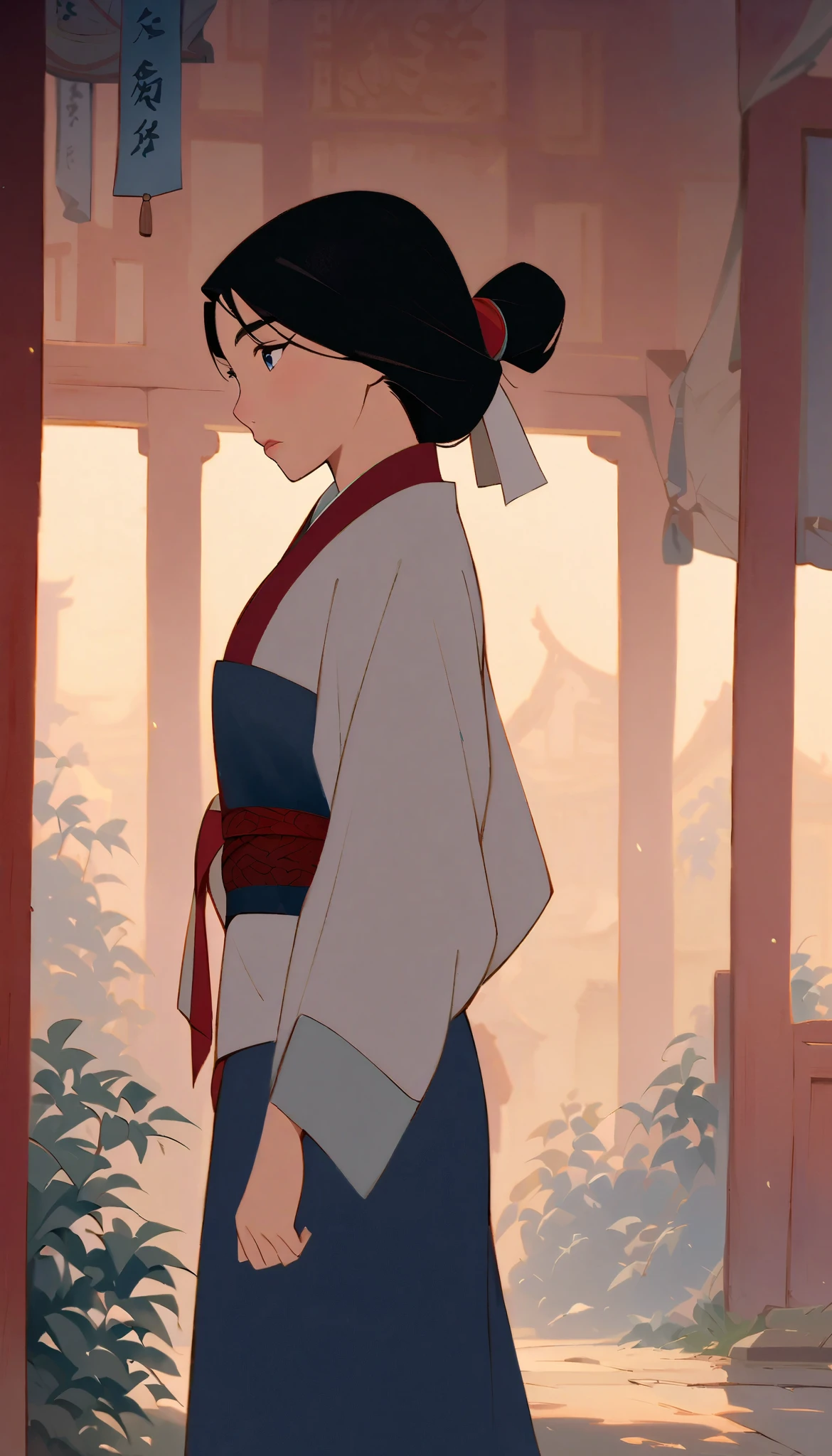 Hua Mulan,Show female shy,19 years old, like a porcelain doll, fine features, delicate,Black and red color scheme,poster,iconic disney characters。shonen style, anime style, straight hair, big hair, ((long hair)) ,japanese young woman warrior, black hair, traditional japanese dress, wind blow, winter, ((raining on winter)), bottom perspective, panoramic view, fantastic lighting, detailed, with an sword, ((perfect eyes)), ((really shy)), woman body, kunoichi, dutch angle, shinobi village, konohagakure, ((closed mouth)),((loooking down))