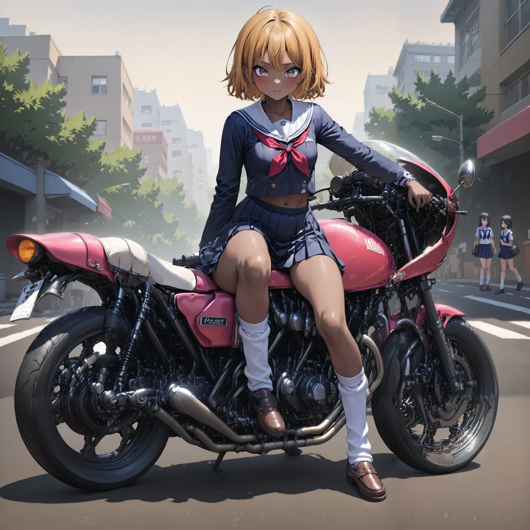 A high school girl rides a tuned motorcycle、 sailor suit, loose socks, loafers, matte brown skin , small breasts, top quality , Leather Handbags