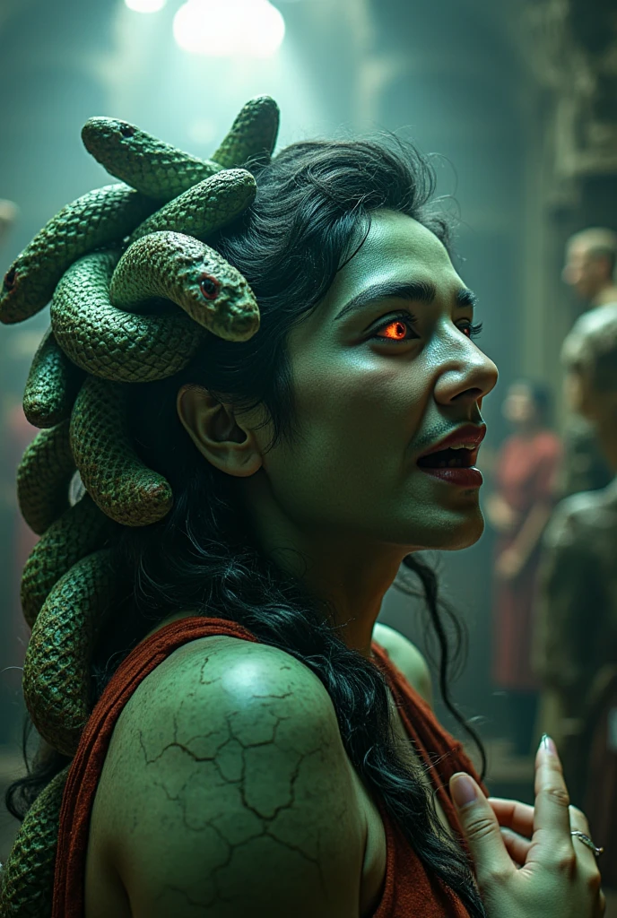 (dark night scary atmosphere) (scary face) indian woman in a green saree with a snake head, brunette body, beautiful female gorgon, young woman as medusa, fierce medusa, beautiful woman, goddess of greek mythology, female medusa long hair, earth goddess mythology, cinematic goddess body shot, night blue ambience, long flowing medusa hair, medusa