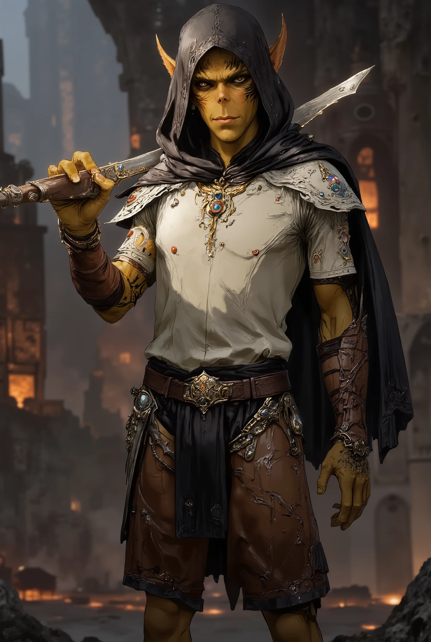cowboy shot, holding daggers, 1boy, solo, githyanki, hoodie up, cape, brown leather pants, white shirt, long sleeves, pectorals, medieval clothes, white and brown clothes, detailed eyes, yellow eyes, amazing quality, mythp0rt, in the style of cksc, detailed background