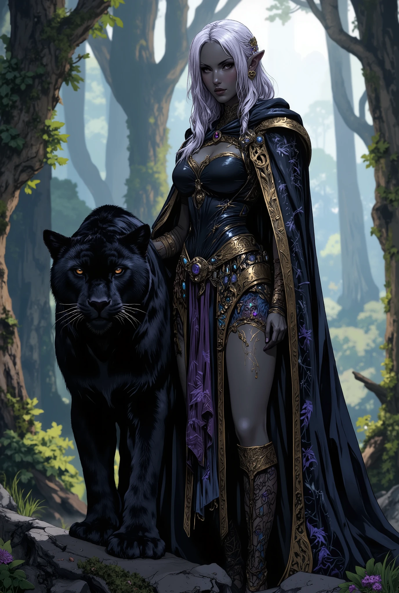 cowboy shot, with a black panther at side, 1girl, solo, medium breasts, long hair, elf, pointy ears, white hair, dark gray skin, char_drow, hoodie up, cape, detailed dress, leaf dress, medieval clothes, green clothes, detailed eyes, lips, purple eyes, amazing quality, mythp0rt, in the style of cksc, cleavage, forest
