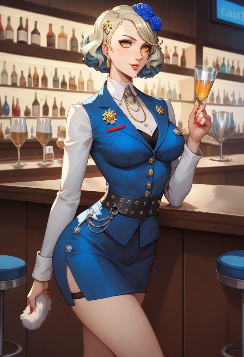 Masterpiece, beautiful art, professional artist, 8k, art style by sciamano240, very detailed face, very detailed hair, very detailed clothes, very detailed fabric, 1girl, perfectly drawn body, beautiful face, long hair, light blue hair , very detailed blue cat eyes, wearing a police uniform, mini skirt, square glasses, high heels, stockings, pouty lips , rosey cheeks, detailed background , intricate details in eyes, standing at the bar, day time, having a drink, up close view,
