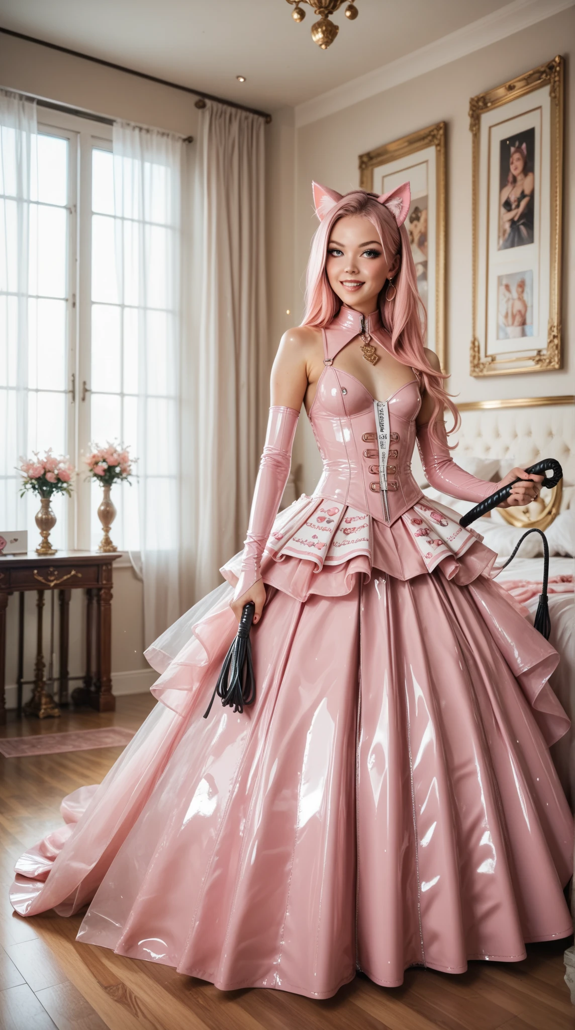 (((masterpiece))), (((Highest quality))), (((Ultra-high resolution))), (((8K))), (((Very detailed))), solo girl, ((full body)), (((Super Definition and Beautiful Face, Beautiful Lips))), (((Pink Hair, Fluffy ponytail, Curly Hair, Expressive hair, very voluminous long hair))), ((hot-pink taffeta material)), ((Dense lace, Long train, Lots of frills)), (((Full-length crinoline hoop skirt, Beautiful and luxurious Rococo Victorian ball gown dress))),