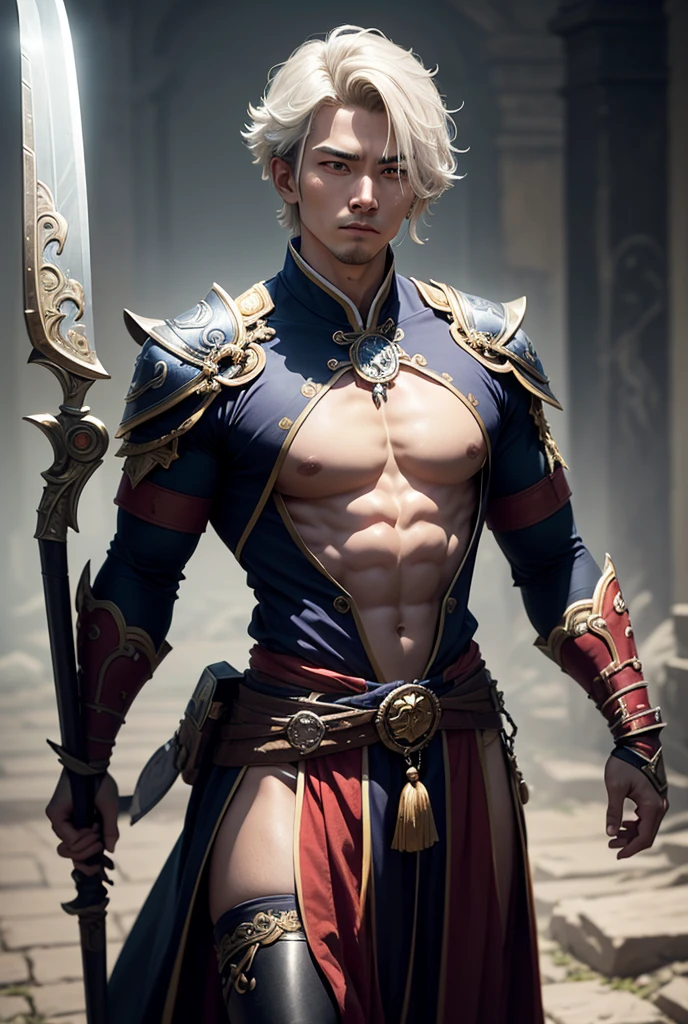 ((Extremely detailed CG unity8k wallpaper)|game_cg|masterpiece|best quality|illustration| {High resolution}|fine painting|aesthetic painting|high detail, beautiful detailed eyes, detailed face, detailed skin, in the castle, a 20-year-old young handsome male model wearing a thong, The covered by the thong looms, looks even more charming. Armed with a sharp weapon, Jack up your crotch, he stood in a sunlit square. He is physically toned, with well-defined muscles, exuding a sense of confidence and strength, and behind him is a towering city wall and a magnificent castle. A small black ball hangs from his nipple, and when night falls, the interior of the castle is lit with twinkling star lights, which highlights the magnificent walls behind the male model and the extraordinary momentum of the castle. His resolute eyes stared into the distance, as if he was about to rush into the battlefield. The entire castle and walls seem to engrave all people and things in their forms, and this impressive sight is like reliving the legend of a person. --auto --s2